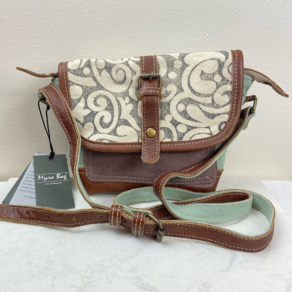 Myra Bag Brown, Cream & Mint Green Patterned Crossbody Bag - Picture 2 of 9